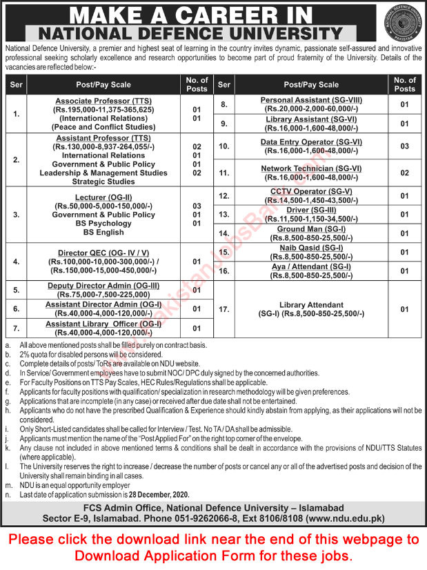 National Defence University Islamabad Jobs December 2020 NDU Application Form Teaching Faculty & Others Latest