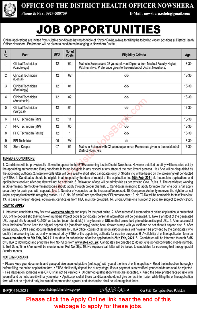 Health Department Nowshera Jobs 2021 February ETEA Apply Online Medical Technicians & Others Latest