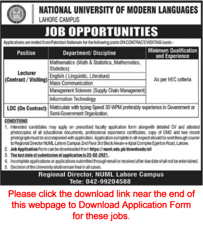 NUML University Lahore Campus Jobs 2021 February Application Form Lecturers & Clerks Latest