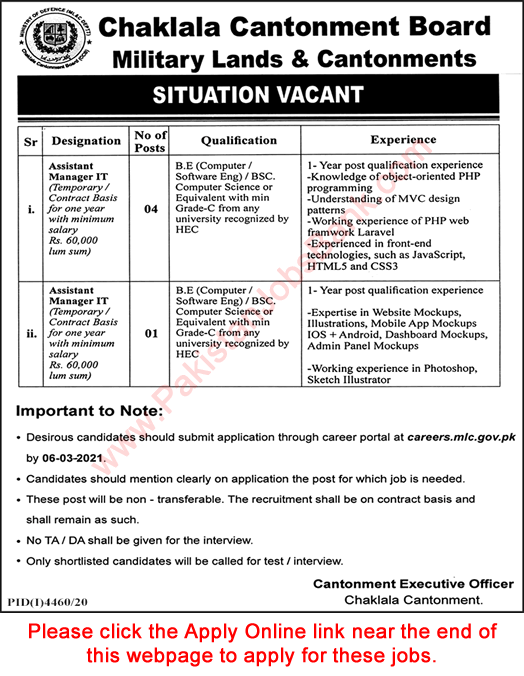 IT Manager Jobs in Military Lands and Cantonments Department 2021 February Apply Online Latest