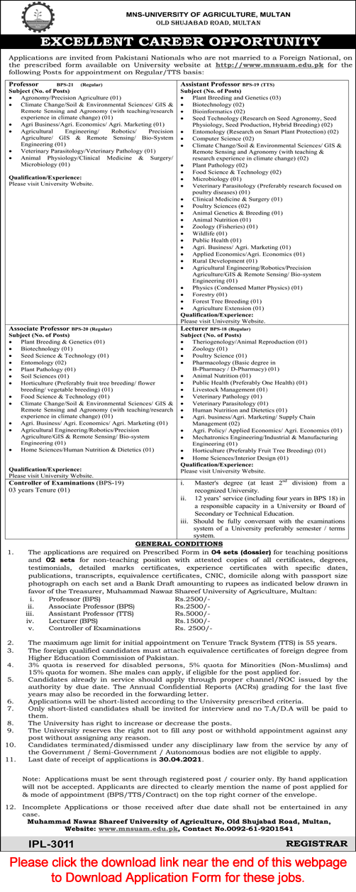 Muhammad Nawaz Shareef University of Agriculture Multan Jobs 2021 March / April Application Form Latest