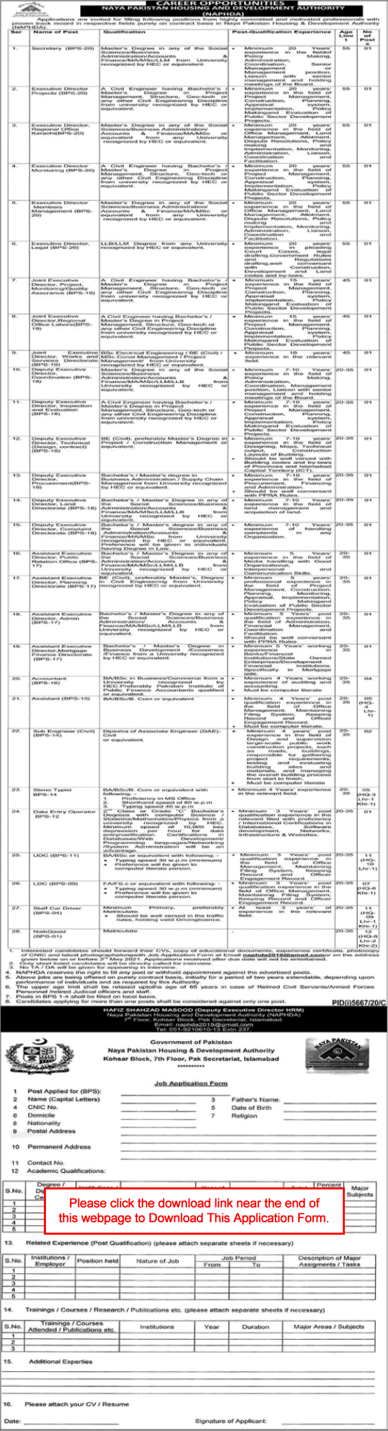 Naya Pakistan Housing and Development Authority Jobs 2021 April Application Form NAPHDA Latest