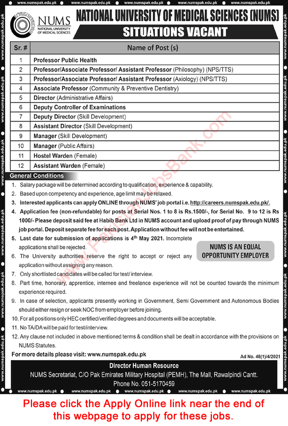 NUMS University Rawalpindi Jobs April 2021 Apply Online Teaching Faculty & Others Latest