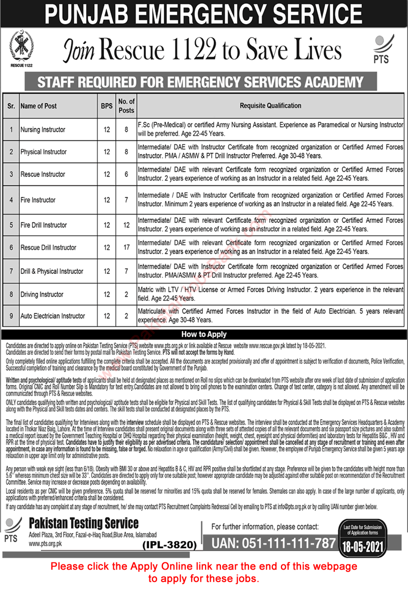 Instructor Jobs in Rescue 1122 April 2021 May PTS Online Application Form Punjab Emergency Service Latest