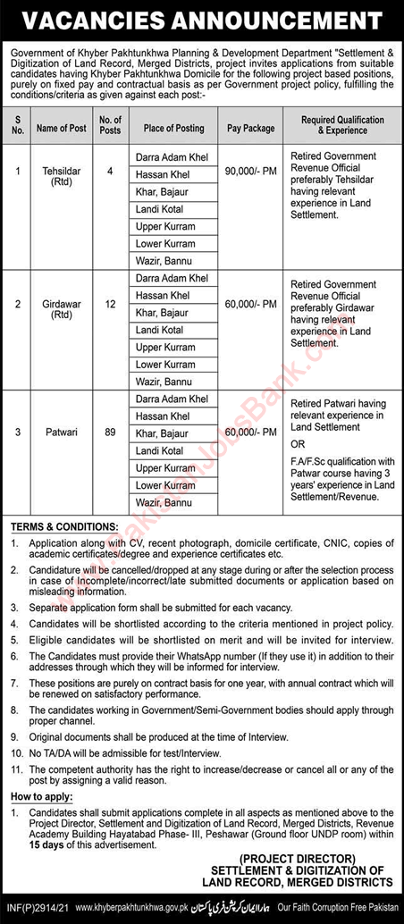Planning and Development Department KPK Jobs June 2021 Patwari, Gridawar & Tehsildar Latest