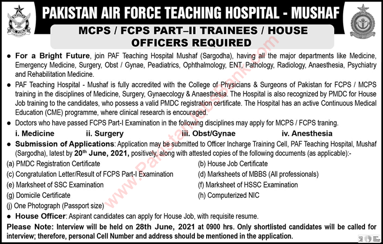 PAF Teaching Hospital Sargodha Jobs 2021 June FCPS / MCPS Trainees & House Officers Latest