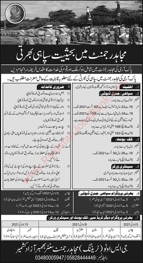 Mujahid Force Jobs June 2021 Join as Sipahi General Duty, Cooks & Sanitary Workers Latest