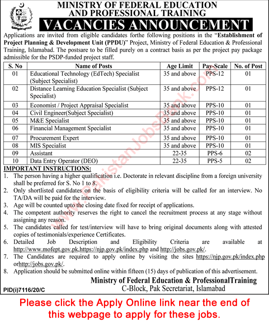 Ministry of Federal Education and Professional Training Islamabad Jobs 2021 June Apply Online Latest