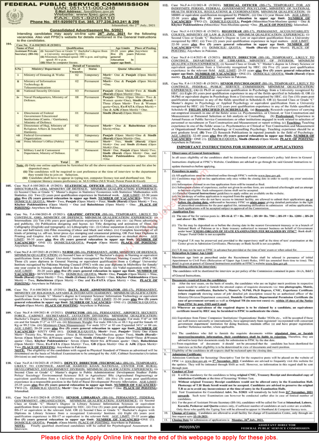 FPSC Assistant Private Secretary Jobs July 2021 Online Application Form Latest