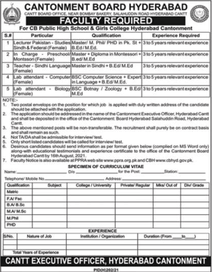 Cantonment Board Public High School and Girls College Hyderabad Jobs July 2021 August Latest