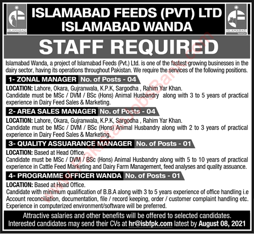 Islamabad Feeds Pvt Ltd Jobs 2021 August Sales Managers & Others Latest