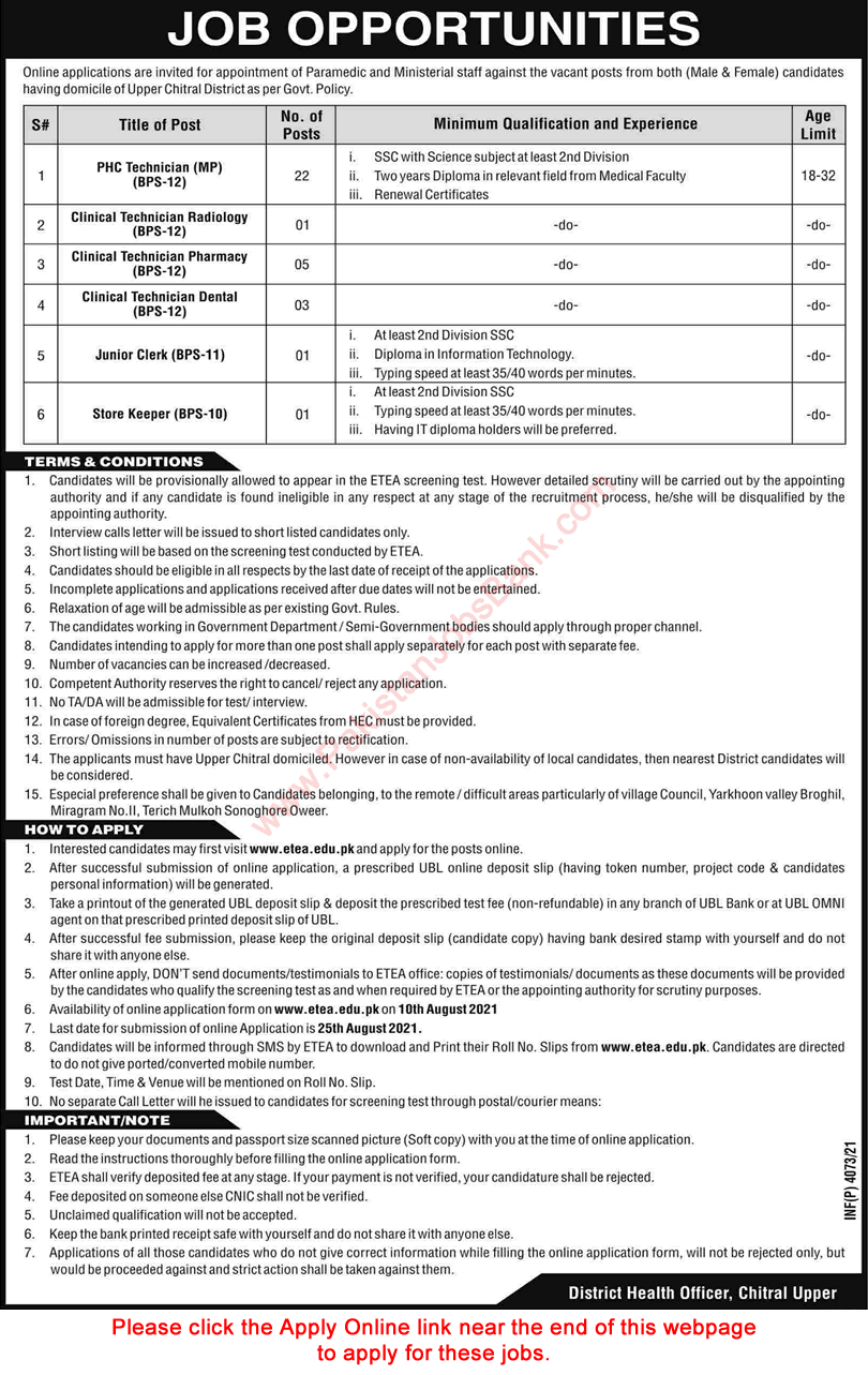 Health Department Chitral Jobs 2021 August ETEA Apply Online PHC / Clinical Technicians & Others Latest