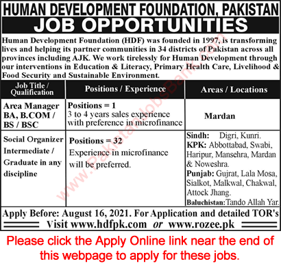 Human Development Foundation Pakistan Jobs 2021 August Apply Online Social Organizers & Area Manager Latest