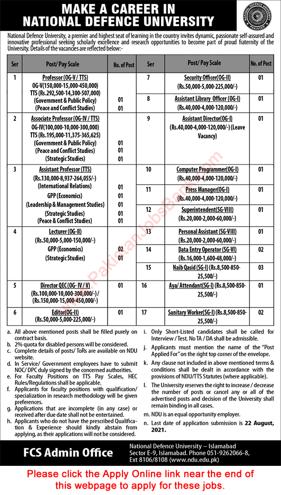 National Defence University Islamabad Jobs August 2021 NDU Apply Online Teaching Faculty & Others Latest