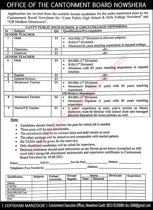 Cantonment Public High School and Girls College Nowshera Jobs 2021 August for Teachers Latest