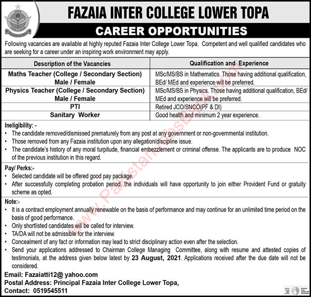 Fazaia Inter College Lower Topa Jobs August 2021 Teachers, PTI & Sanitary Worker Latest