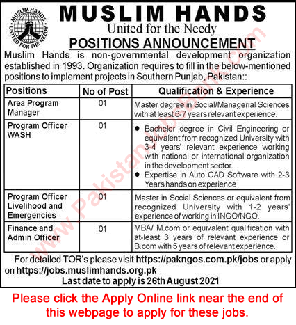 Muslim Hands Pakistan Jobs August 2021 Apply Online Program Officers / Manager & Others Latest