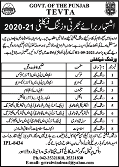 Teaching / Visiting Faculty Jobs in Government College of Technology Lahore August 2021 TEVTA Latest
