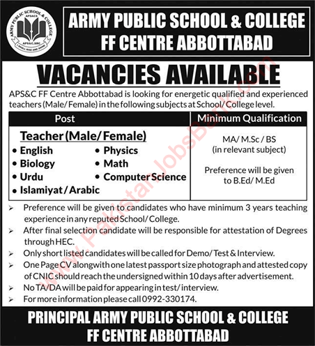 Teaching Jobs in Army Public School and College FF Centre Abbottabad 2021 August Latest