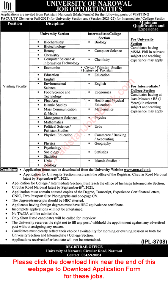 Visiting Faculty Jobs in University of Narowal August 2021 UON Application Form Latest