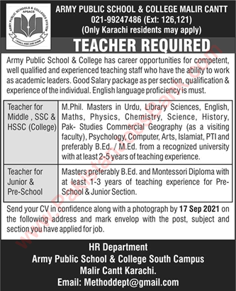 Army Public School and College Malir Cantt Karachi Jobs September 2021 Teachers APS&C Latest