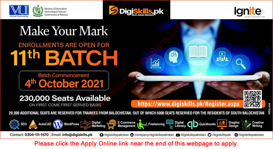 Digiskills Pakistan Free Online Courses 2021 September Apply Online MoITT Latest