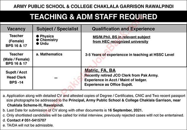 Army Public School and College Chaklala Garrison Rawalpindi Jobs 2021 September Teachers & Others APS&C Latest