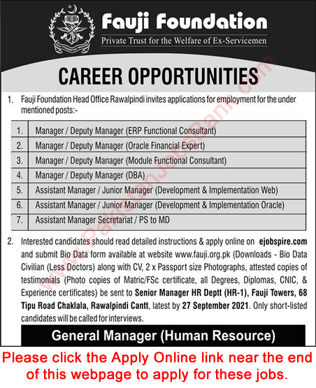 Fauji Foundation Rawalpindi Jobs September 2021 Apply Online Deputy / Assistant Managers Latest