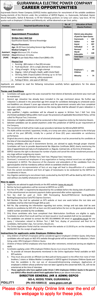 Assistant Lineman Jobs in GEPCO 2021 September WAPDA NTS Online Apply Gujranwala Electric Supply Company Latest