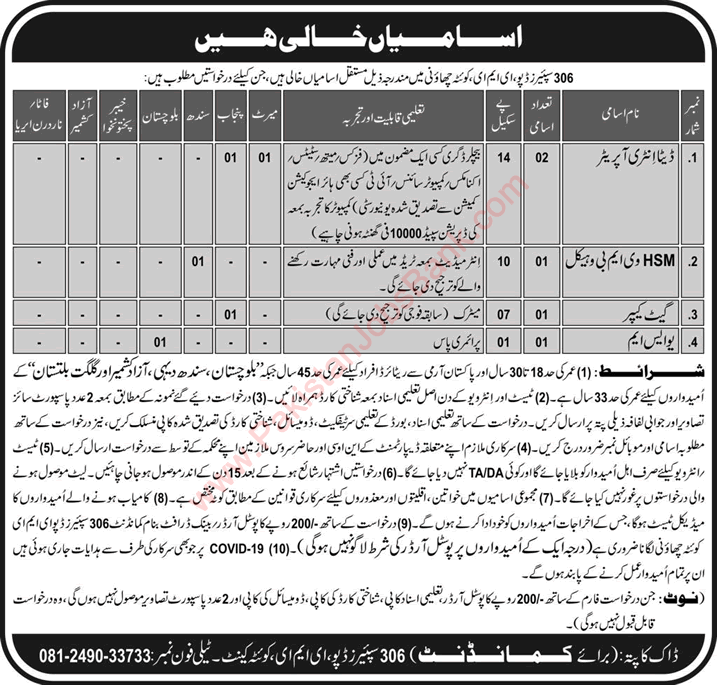 306 Spares Depot EME Quetta Jobs October 2021 Data Entry Operators & Others Pakistan Army Latest