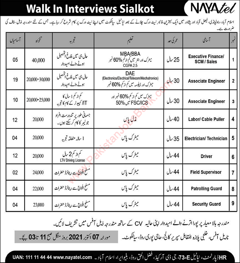 Nayatel Sialkot Jobs October 2021 Cable Puller, Drivers, Associate Engineers & Others Walk in Interview Latest