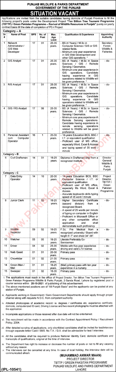 Punjab Wildlife and Parks Department Jobs October 2021 Data Entry Operators, Analysts & Others Latest