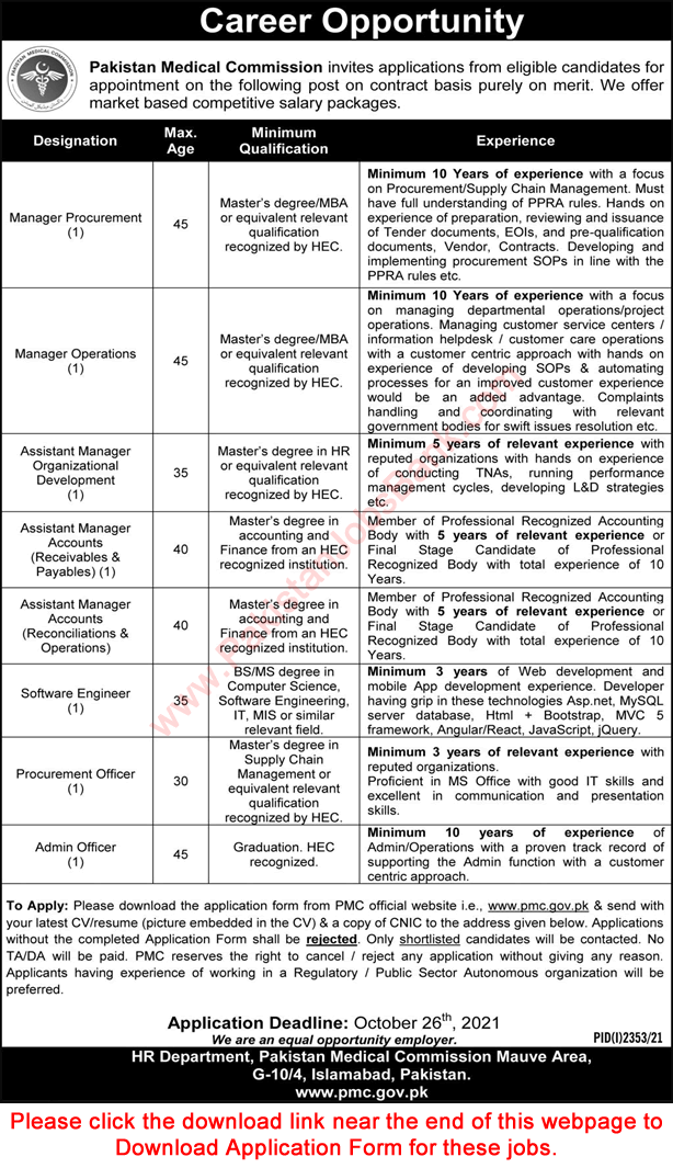 Pakistan Medical Commission Jobs October 2021 Application Form Software Engineer, Admin Officer & Others PMC Latest