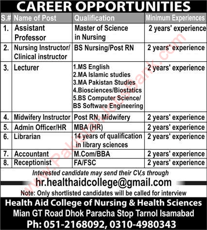 Health Aid College of Nursing and Health Sciences Islamabad Jobs 2021 October Lecturers & Others Latest