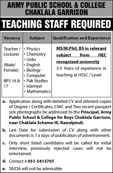 Teaching Jobs in Army Public School and College Chaklala Garrison October 2021 APS&C Latest