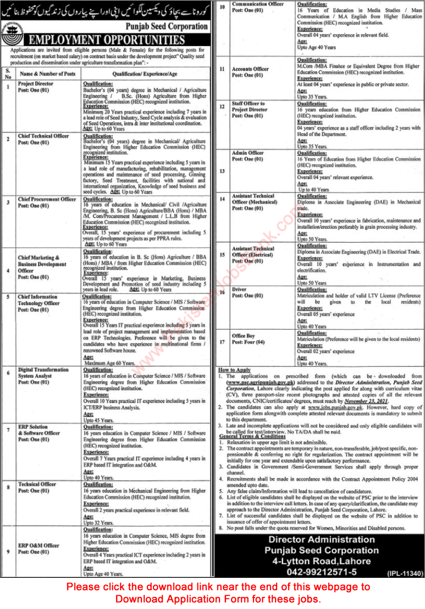 Punjab Seed Corporation Jobs November 2021 Application Form Technical Officers & Others Latest