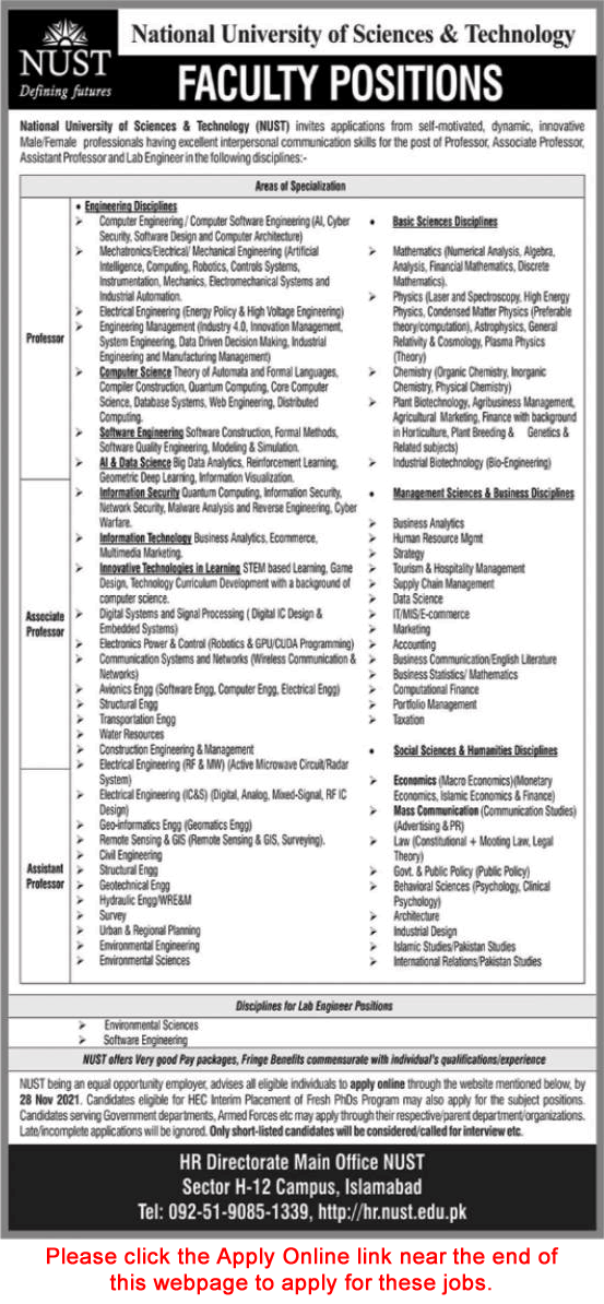 NUST University Islamabad Jobs November 2021 Apply Online Teaching Faculty & Lab Engineers Latest