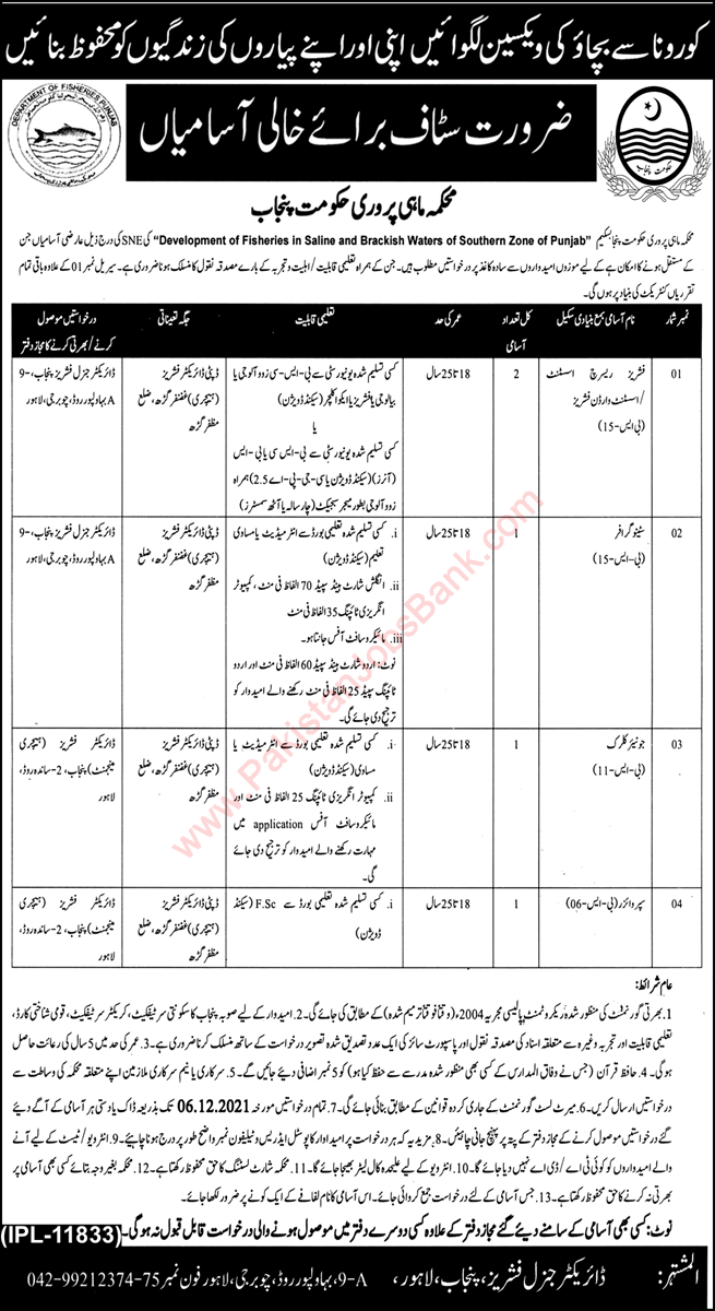 Fisheries Department Punjab Jobs November 2021 Research Assistants & Others Latest