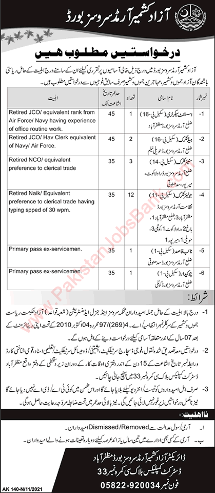 AJK Armed Services Board Jobs 2021 November Clerks & Others Latest