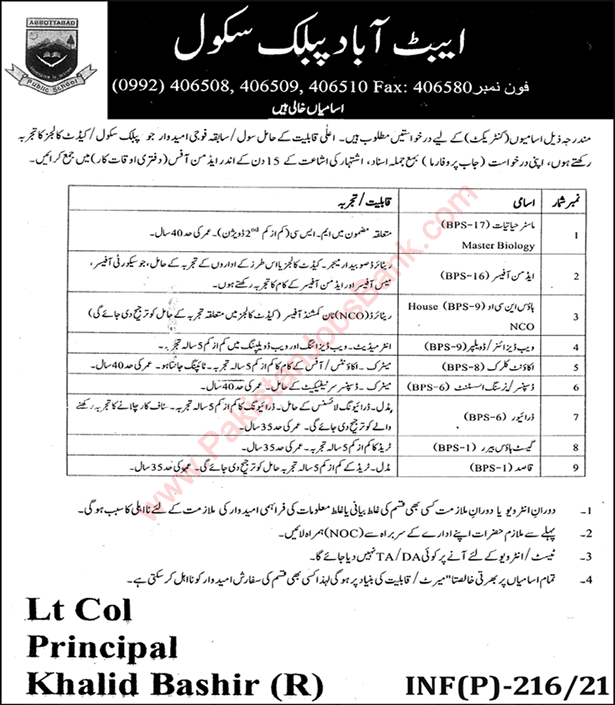 Abbottabad Public School Jobs 2021 November Account Clerk, Admin Officer & Others Latest