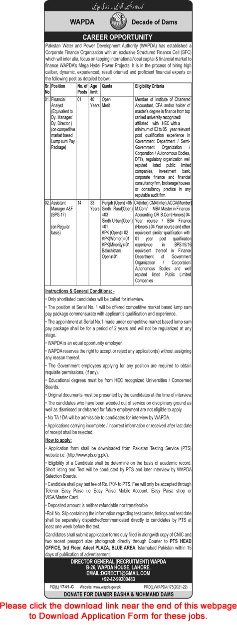 WAPDA Jobs December 2021 PTS Application Form Financial Assistant Managers & Financial Analyst Latest