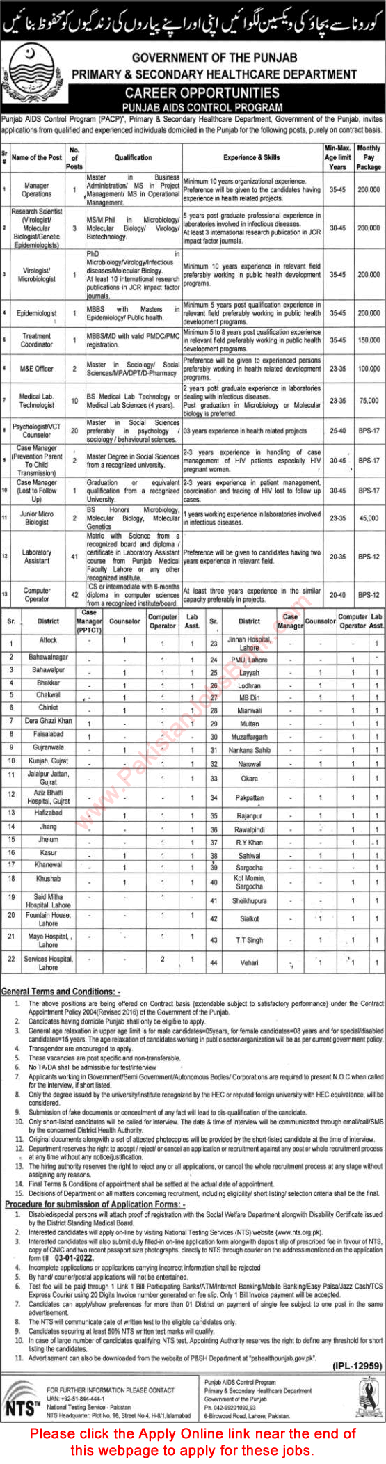 Primary and Secondary Healthcare Department Punjab Jobs 2021 December NTS Apply Online Punjab Aid Control Program Latest