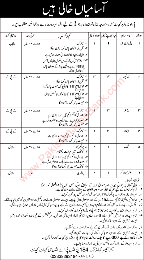 184 ASC POL Kohat Cantt Jobs 2021 December Drivers, Cooks & Others Latest