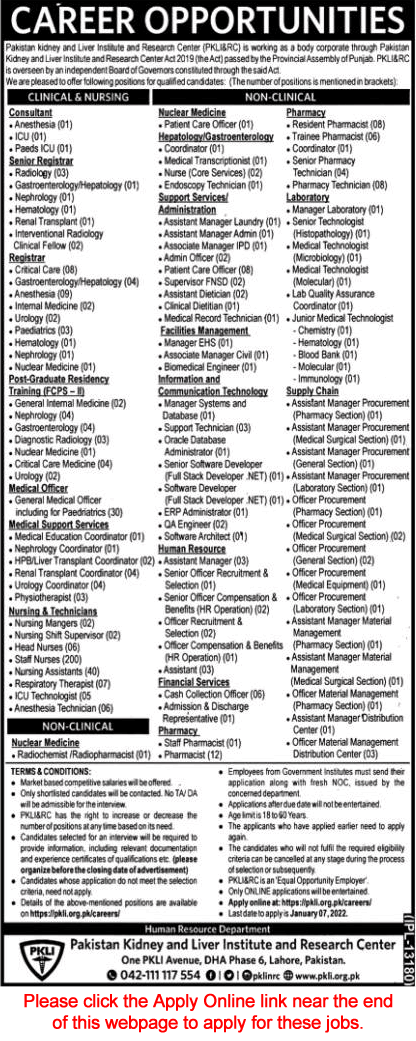 PKLI Jobs December 2021 Lahore Apply Online Pakistan Kidney and Liver Institute and Research Center PKLI&RC Latest