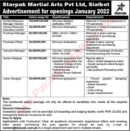 Starpak Martial Arts Pvt Ltd Sialkot Jobs 2022 Graphic Designers, Accounts Manager & Others Latest