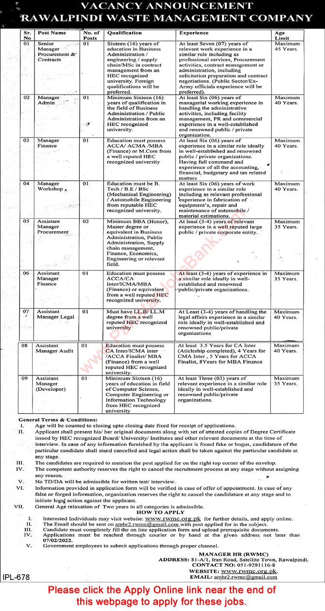 Rawalpindi Waste Management Company Jobs 2022 RWMC Apply Online Assistant Managers & Others Latest