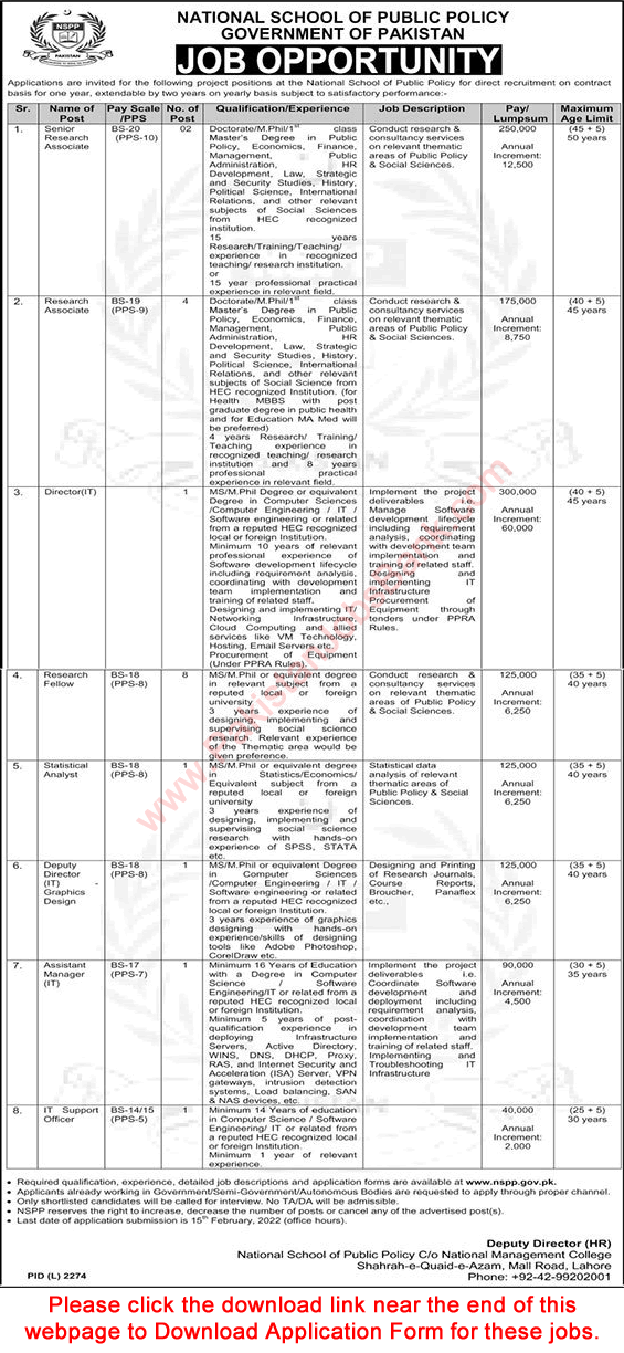 National School of Public Policy Lahore Jobs 2022 January / February NSPP Application Form Research Fellows / Associates & Others Latest