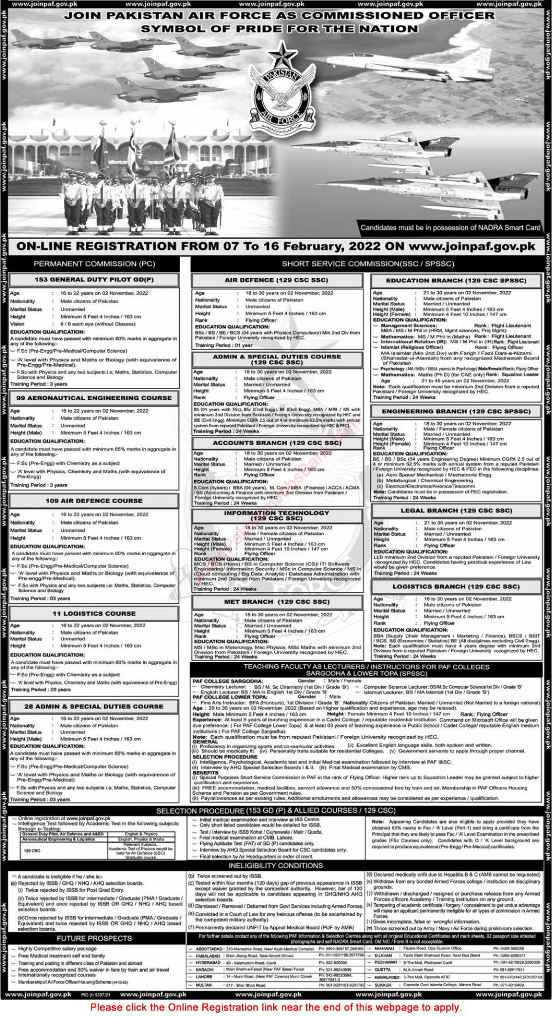 Join Pakistan Air Force as Commissioned Officer 2022 February Online Registration in SPSSC & Permanent Commission Latest