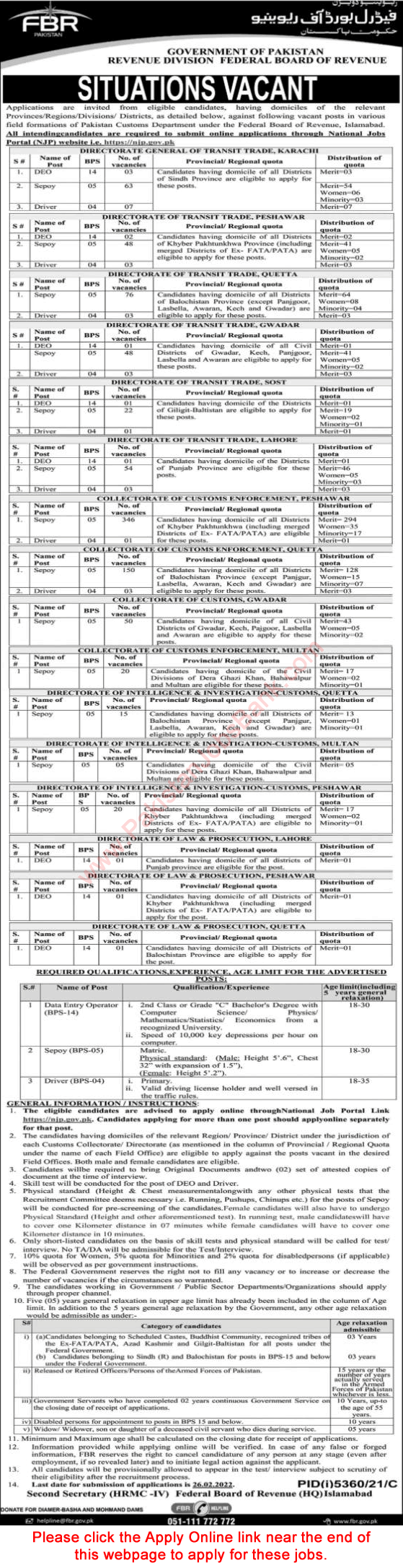 FBR Jobs 2022 February Apply Online Sipahi, Drivers & Data Entry Operators Federal Board of Revenue Latest