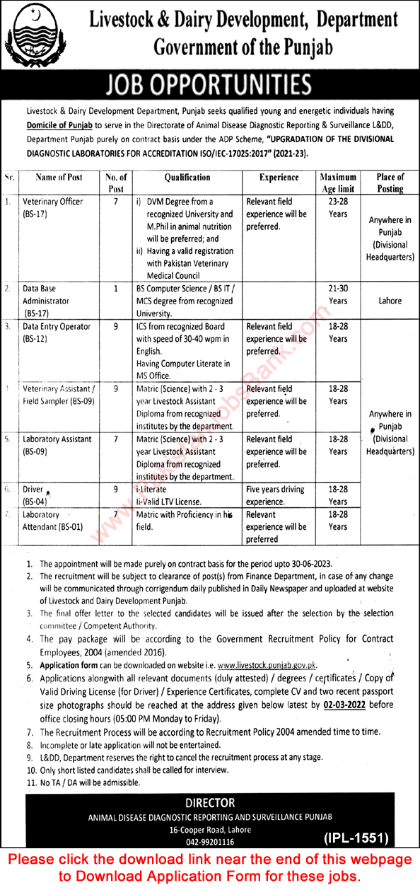 Livestock and Dairy Development Department Punjab Jobs 2022 February Application Form Latest